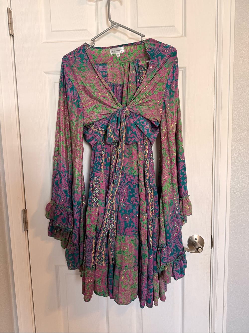 Boho Tie-Front Flared Skirt & Top in Pink, Purple & Green